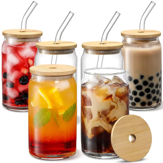 350ml/550ml Glass Cup With Lid and Straw
